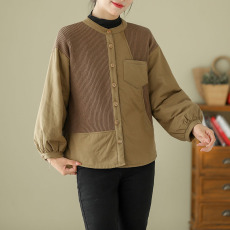 实拍复古秋冬季新款拼接棉服女宽松显瘦短款夹棉纯色外套女上衣
