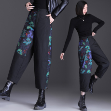 批发实拍文艺碎花90白鸭绒羽绒裤女2022冬季宽松抽绳大码直筒裤保暖裤