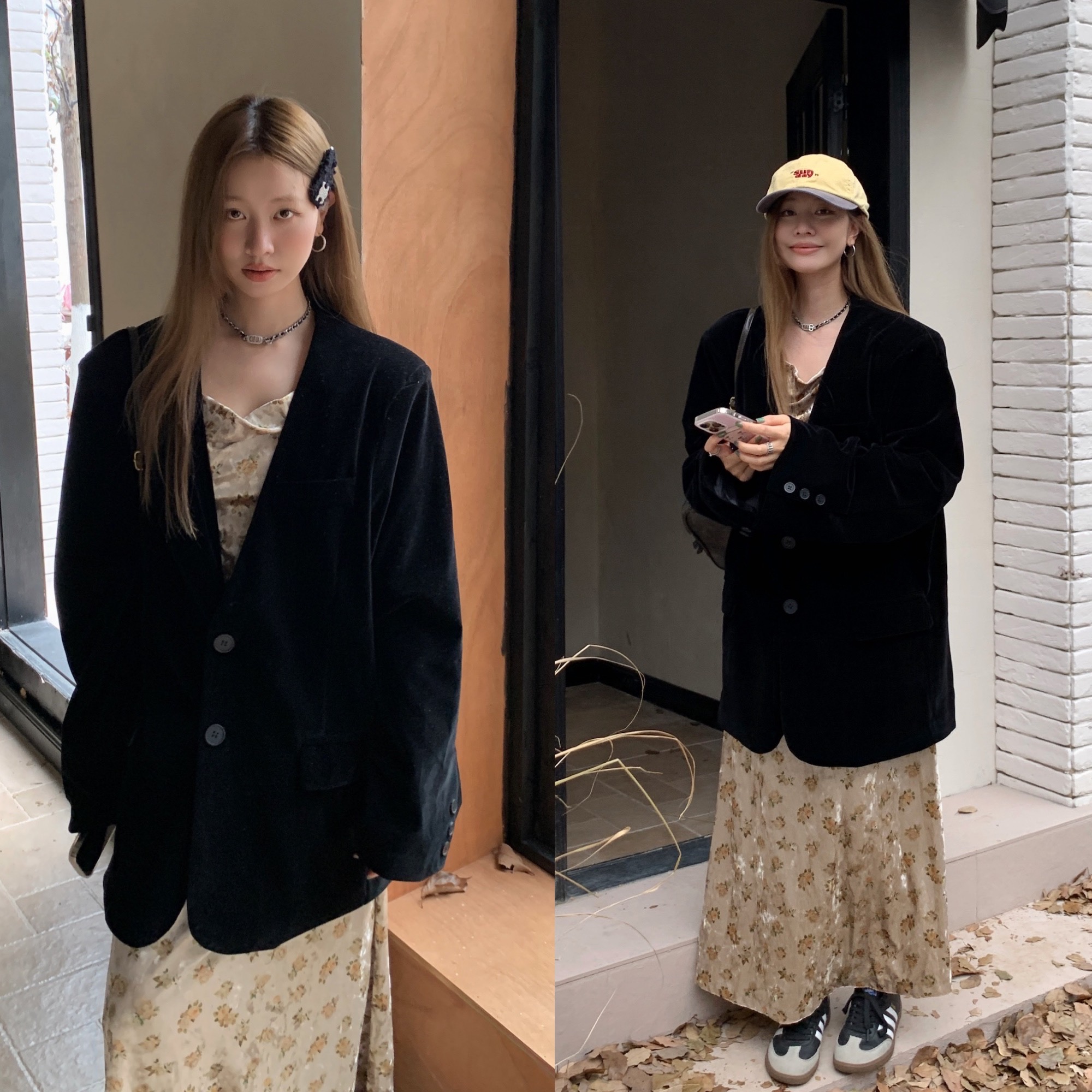 Actual shot of retro loose suit jacket v-neck oversized velvet suit