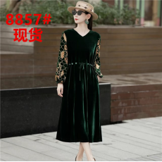 批发高档贵夫人真丝<b class='q'>丝绒</b><b class='q'>连衣裙</b>女时尚中长款妈妈装A字裙春秋新款