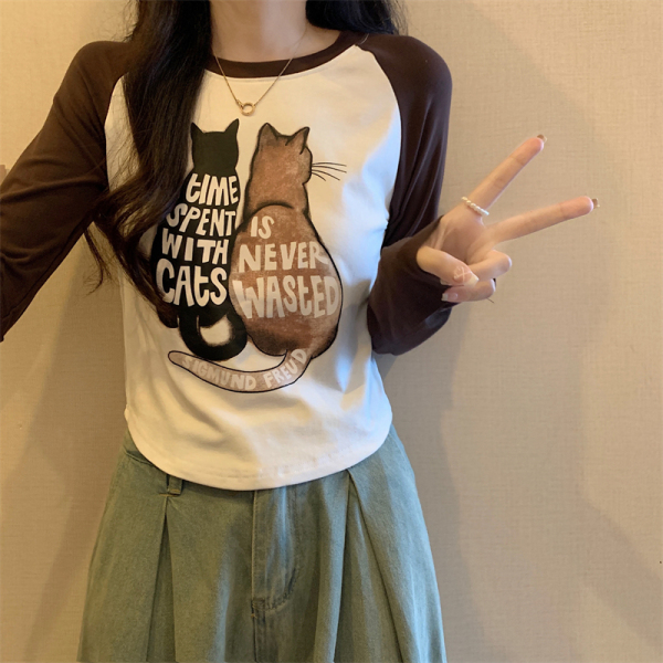 RM23081#长袖T恤女韩版拼色高腰复古短款减龄百搭上衣女