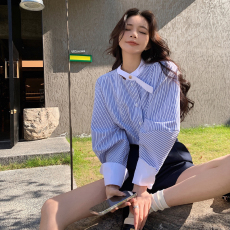 批发2026新款设计感小众蓝色条纹衬衫上衣<b class='q'>女</b>装独特别致小衫衬衣春秋款