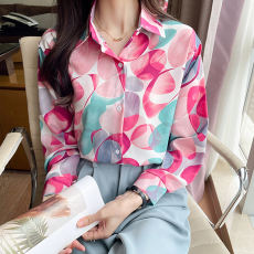 实拍 2023秋季新款韩版设计感港风印花长袖百搭高端气质长袖衬衫