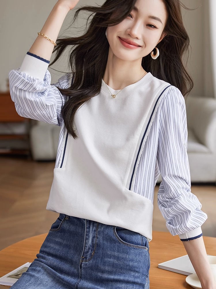 假兩件復古條紋衛衣女設計感春季新款寬鬆顯瘦休閒圓領上衣