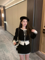 实拍实价~ 法式小香风圆领亮片短款长袖针织开衫+高腰显瘦半身裙