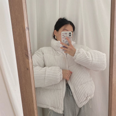 韩国chic秋冬减龄粉嫩显肤白立领坑条设计宽松灯芯绒棉服短外套女