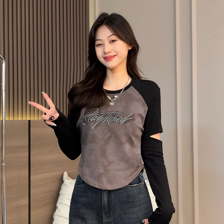 MY15989# 设计感别致镂空上衣女减龄显瘦字母绣花长袖t恤打底衫女裝貨源服裝批發