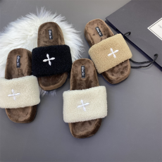 批发网红爆款居家毛毛拖鞋外穿2023年炸街十字花毛毛鞋凉拖女羊羔毛