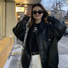 批发2025新款<b class='q'>秋</b>季拉链翻领pu仿皮衣外套女短款宽松显瘦美式复古机车服