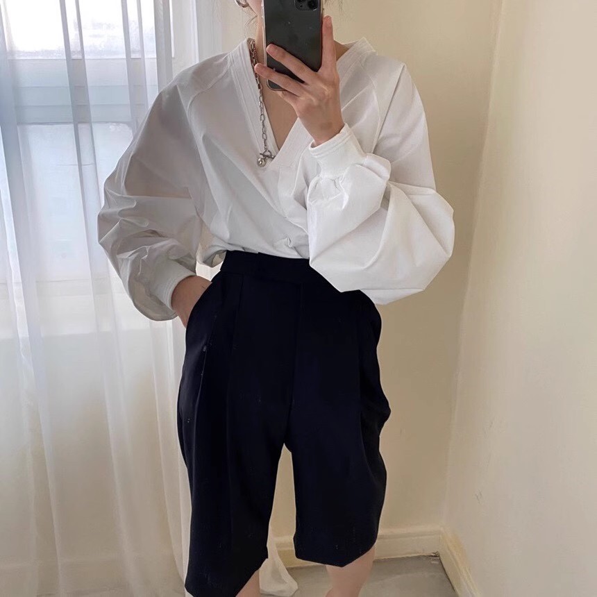 있음 선적 한 부서 chic 다용도 V넥 이슬 쇄골 루즈핏 셔츠