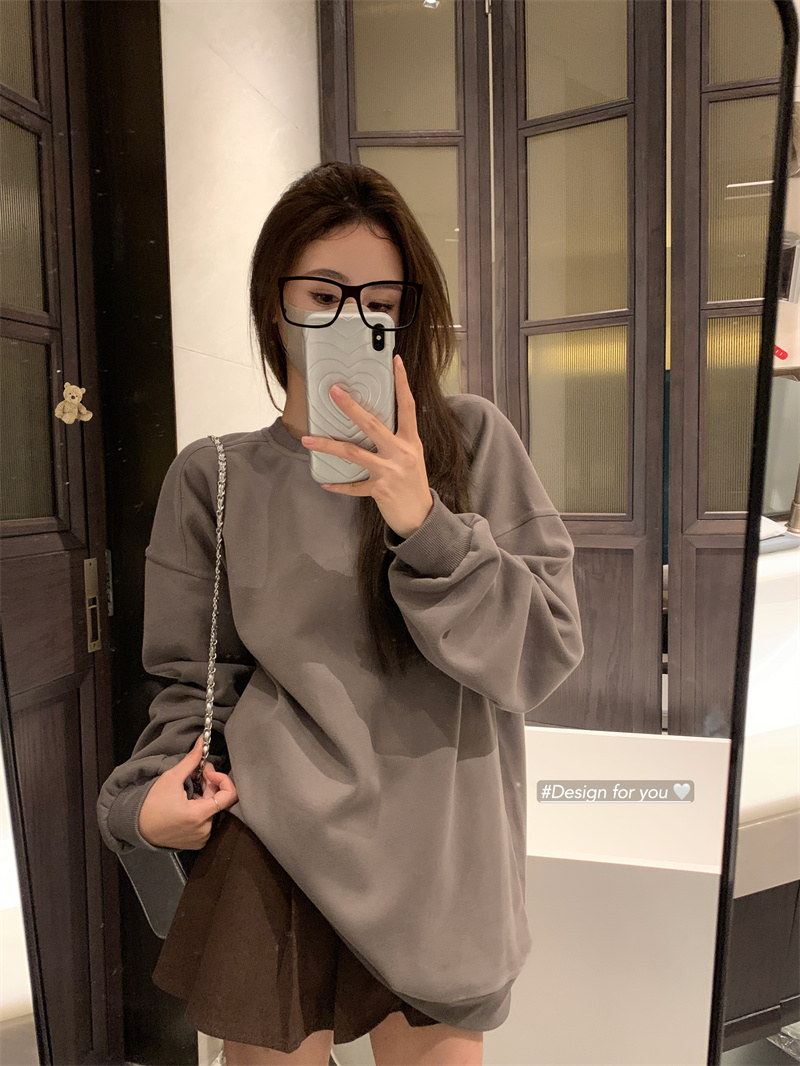 Actual shot, comfortable and lazy sweatshirt, simple solid color loose composite cotton pullover, round neck, long-sleeved sweatshirt