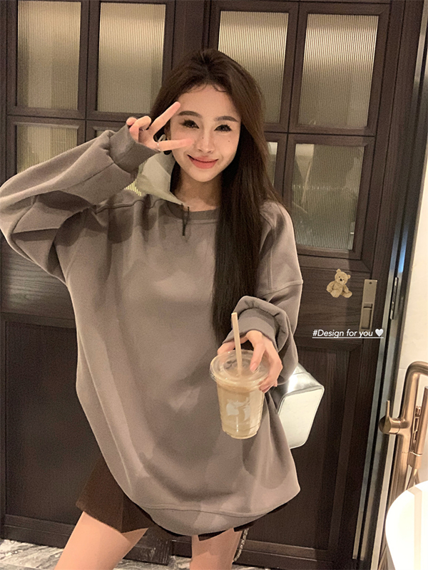 Actual shot, comfortable and lazy sweatshirt, simple solid color loose composite cotton pullover, round neck, long-sleeved sweatshirt