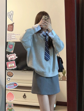 韩版学院风拼接卫衣+领带+高腰显瘦A字短裙套装 非实拍现货