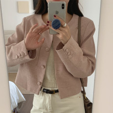 批发实拍 法式少女粉~ 圆领单排扣长袖小香风短款外套上衣西装