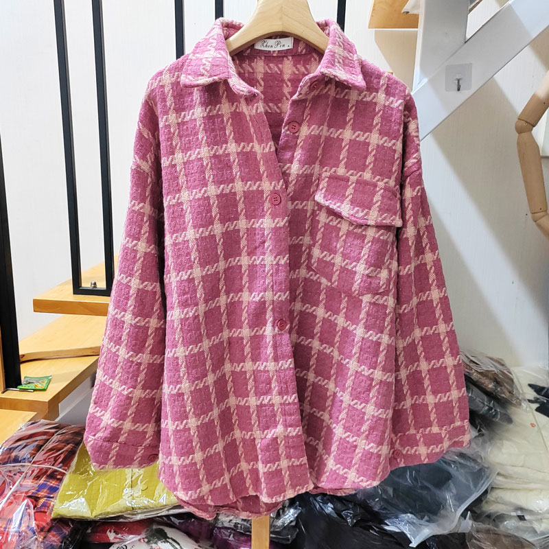 MY14964# 韩版网红格子毛呢单口袋衬衫设计感休闲宽松衬衣外套女女裝貨...