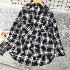 批发实拍韩版秋冬编织双口袋毛呢<b class='q'>格子</b>衬衫时尚宽松原宿风外套衬衣女