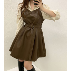 批发现 复古设计感法式修身气质拼接假两件pu皮裙连衣裙女