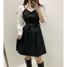 批发现 复古设计感法式修身气质拼接假两件pu皮裙连衣裙女
