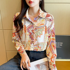 实拍 2023秋季新款韩国宽松百搭法式设计感长袖气质印花衬衫