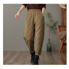 批发2025秋冬高腰夹棉保暖裤子女冬外穿宽松阔腿裤菱格棉裤休闲直筒裤