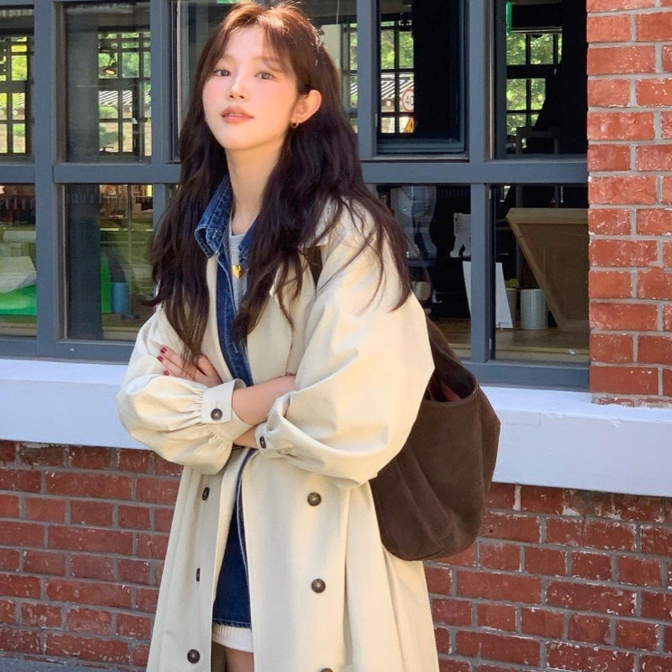 크기 있음 업데이트 레트로 느긋한 바람 폴로 칼라 이중 버튼 레이스업 허리 수축 긴팔 무릎 아래 롱 코트 재킷 재킷