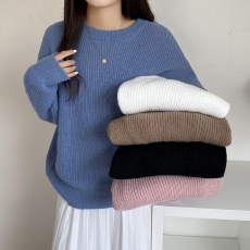 批发实拍大码 韩版早春宽松慵懒纯色圆领百搭套头毛针织上衣女