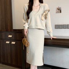 实拍大码女装卫衣挂脖吊带连衣裙女2023秋新款宽松休闲两件套