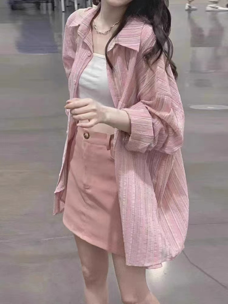 PF14765# 纯棉色织条纹衬衫外套女2024夏季新款设计感慵懒风防晒开...