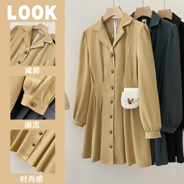 RM23385#新款长袖西装单排扣连衣裙子赫本风法式气质高级