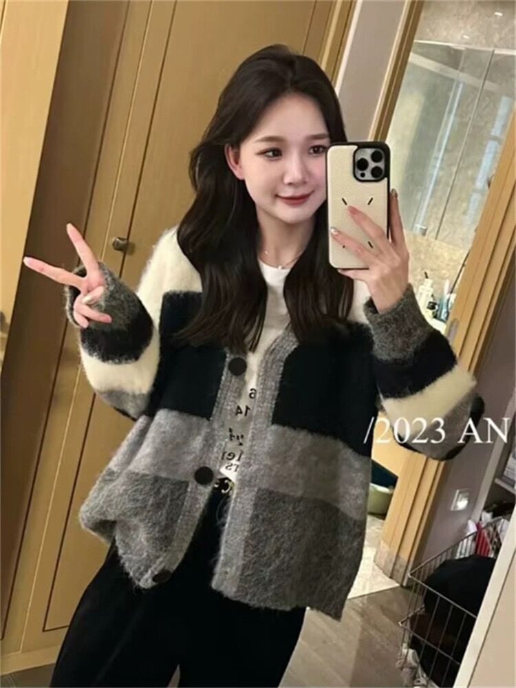 Lazy contrast color sweater cardigan coat women's new autumn and winter loose slimming sweater top