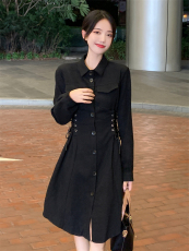 实拍 秋装新款衬衣领长裙子复古高腰抽绳绑带纯色长袖连衣裙女