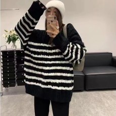 韩版宽松外穿软糯条纹长袖圆领毛衣