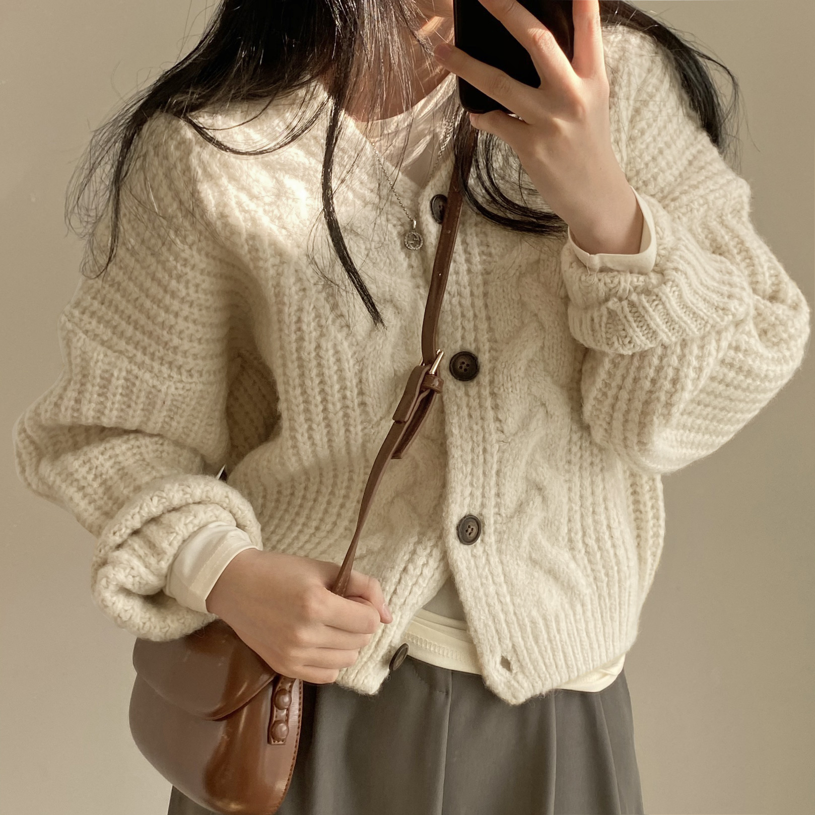 Korean chic autumn simple lazy style V-neck puff sleeves twist pattern loose knitted cardigan jacket for women