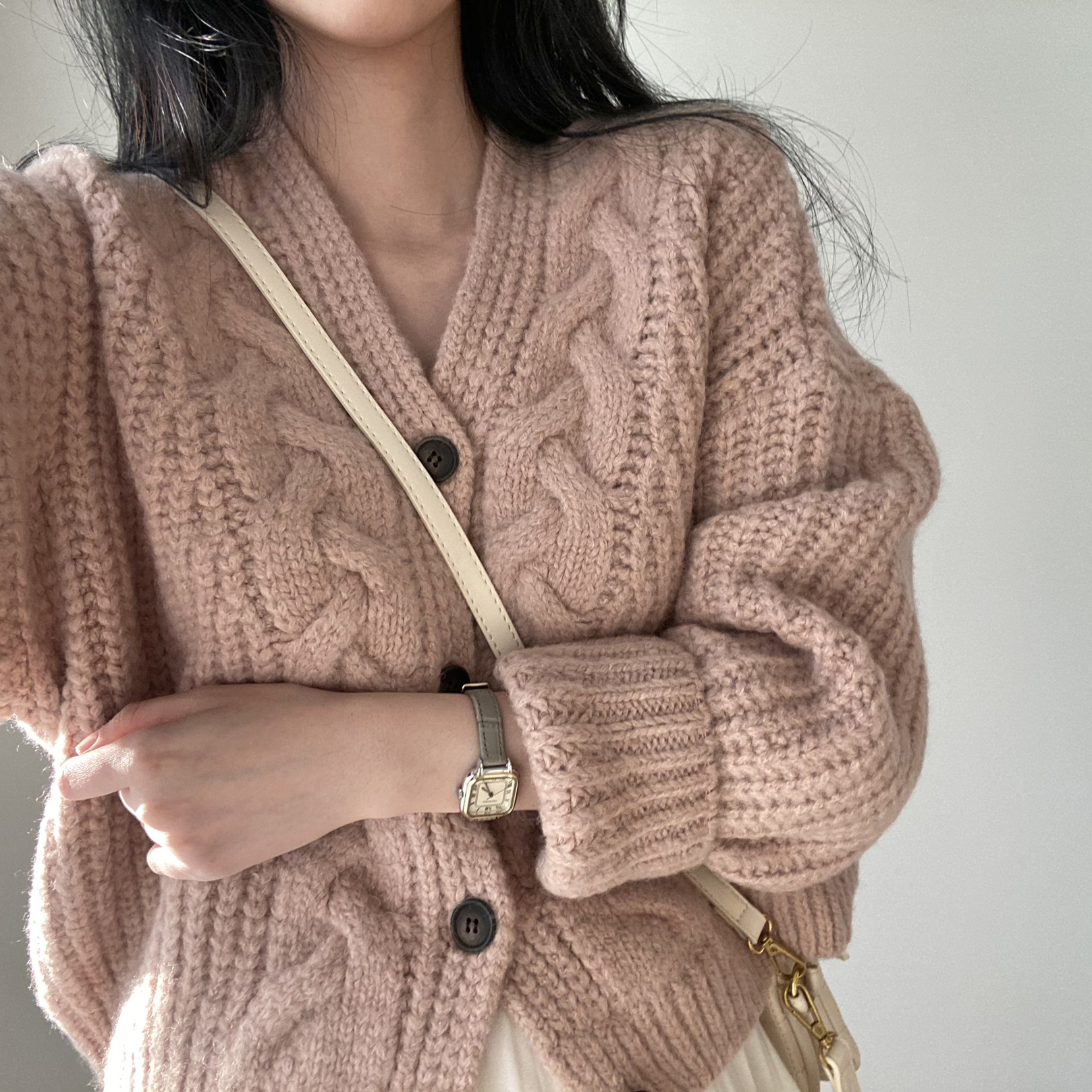 Korean chic autumn simple lazy style V-neck puff sleeves twist pattern loose knitted cardigan jacket for women