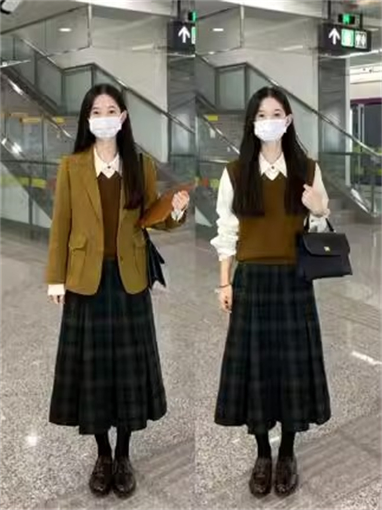 High-end French retro plaid pleated woolen skirt mid-length high-waisted long skirt  winter skirt for women