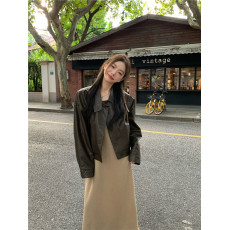 批发实拍实价 港风设计感美式复古皮衣外套+气质显瘦法式针织连衣裙