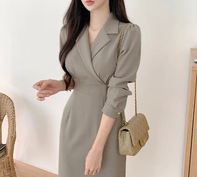 프렌치 레트로 V넥 벨트 리본 수술 원피스 상세 이미지 1