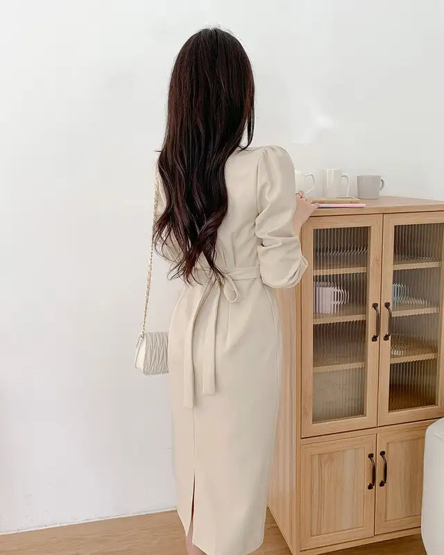 프렌치 레트로 V넥 벨트 리본 수술 원피스 상세 이미지 9