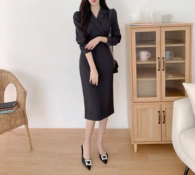 프렌치 레트로 V넥 벨트 리본 수술 원피스 상세 이미지 16