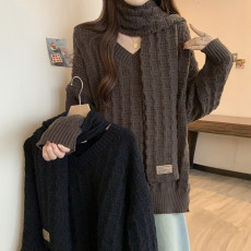 批发实拍大码女装冬装毛衣女慵懒风宽松显瘦遮肉减龄V领针织衫 送围巾
