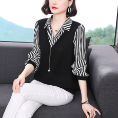 批发半开领长袖T恤女2026新款套头拼接大码<b class='q'>中年</b>女士休闲气质遮肚上衣