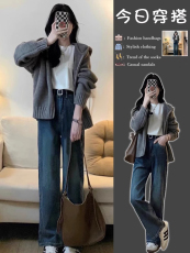 早秋女装2023新款茶系穿搭一整套时尚微胖减龄上衣牛仔裤两件套装