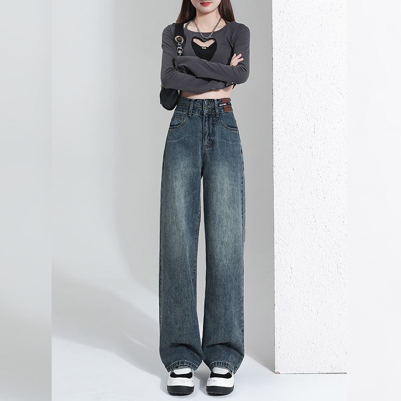 American high street straight jeans for women in spring and autumn 2023 new item, short tall waist wide leg casual pants_voghion.com