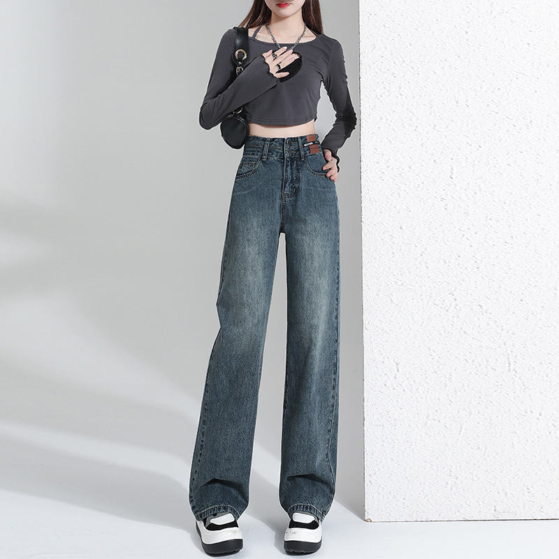 American high street straight jeans for women in spring and autumn 2023 new item, short tall waist wide leg casual pants_voghion.com