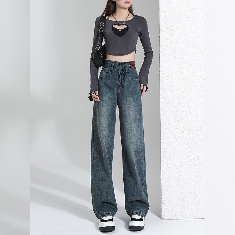 American high street straight jeans for women in spring and autumn 2023 new item, short tall waist wide leg casual pants_voghion.com