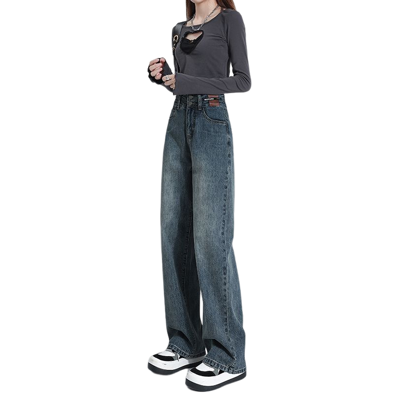 American high street straight jeans for women in spring and autumn 2023 new item, short tall waist wide leg casual pants_voghion.com