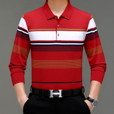 批发长袖t恤男秋季新款休闲翻领宽松大码口袋中年体恤爸爸上衣polo衫