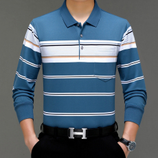 批发秋季高档长袖polo衫男休闲<b class='q'>加肥</b><b class='q'>加大</b>码男士中老年口袋t恤宽松条纹