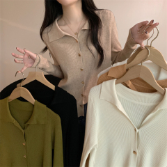 Actual shot of new autumn Korean style polo collar button design knitted cardigan with sweater jacket for women