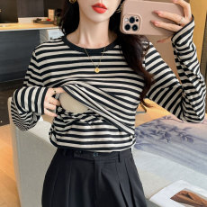 批发实拍现货 2025早秋哺乳T恤产后月子期条纹纯棉喂奶打底上衣带手套